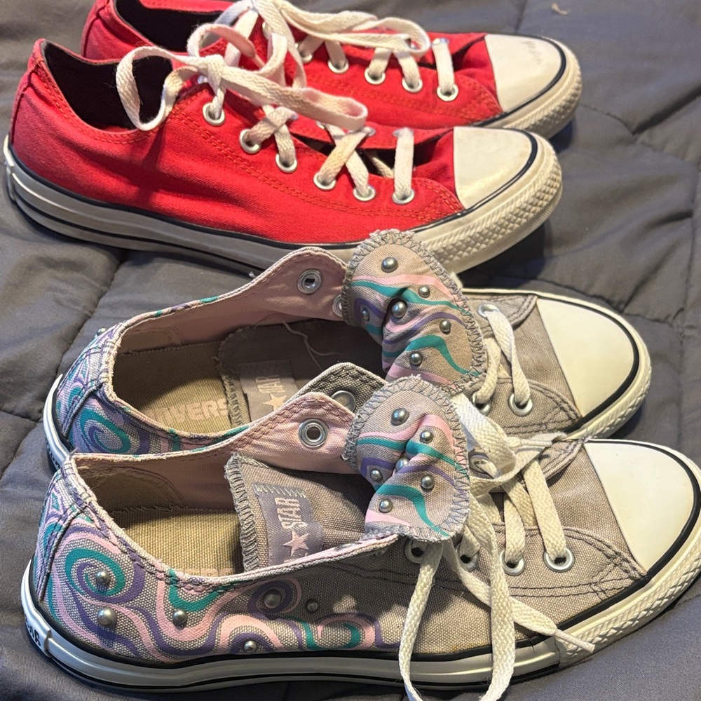 Converse Pair of Red and Gray Patterned Sneakers